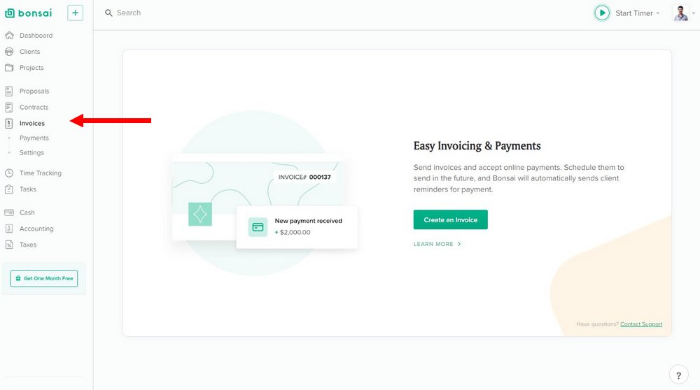 Bonsai dashboard invoices